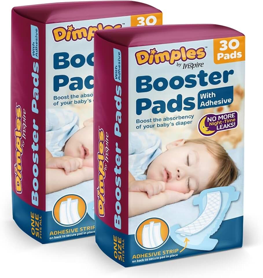 Dimples Booster Pads, Baby Diaper Doubler with Adhesive for Secure Fit | 1 Size Fits All Diapers | Boosts Absorbency No More leaks 60 Count