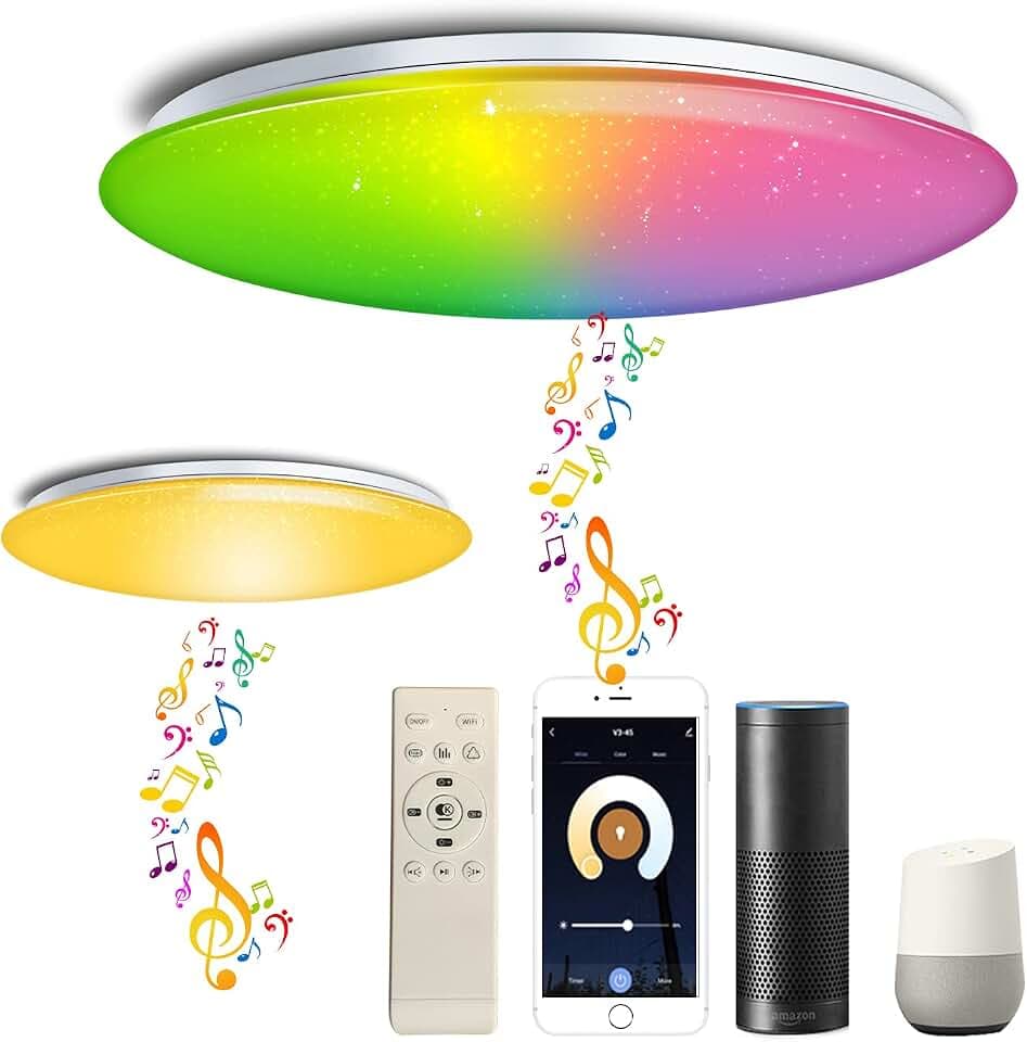 Φ40cm 45W Sternenhimmel Musik Deckenlampe Kompatibel Mit Google Home Kompatibel Mit Bluetooth Lautsprecher Deckenleuchte LED RGB Farbwechsel Dimmbar für Küche Schlafzimmer Badezimmer