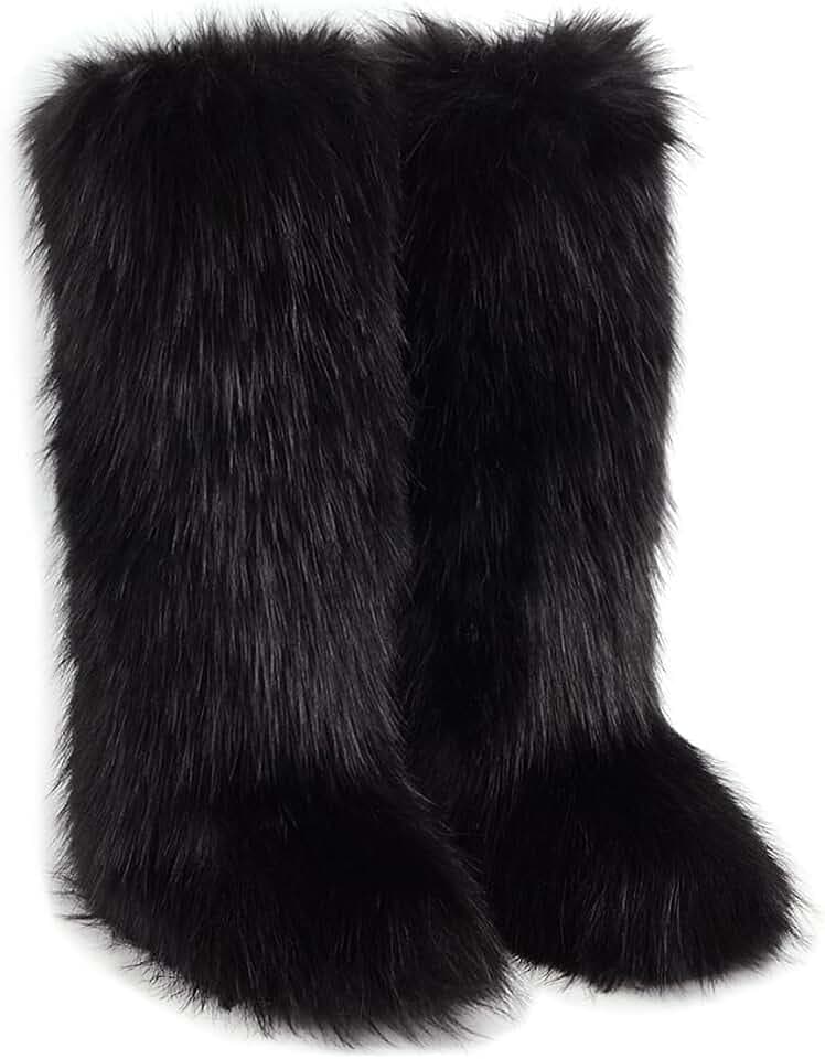 QMFUR Women's Furry Faux Fur Boot Fluffy Knee High Snow Boots Round Toe Suede Winter Comfy Plush Warm Outdoor Indoor Flat Shoes Fashion Boots