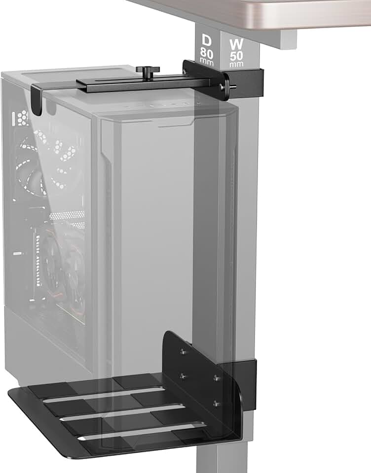 Under Desk PC Mount, No Drilling Clamp-On CPU Holder for Standing Desk, Width Adjustable from 5.7" to 9.8", Holds Up to 50 lbs Heavy Duty Computer Tower Mount, Fits 80mm×50mm Legs