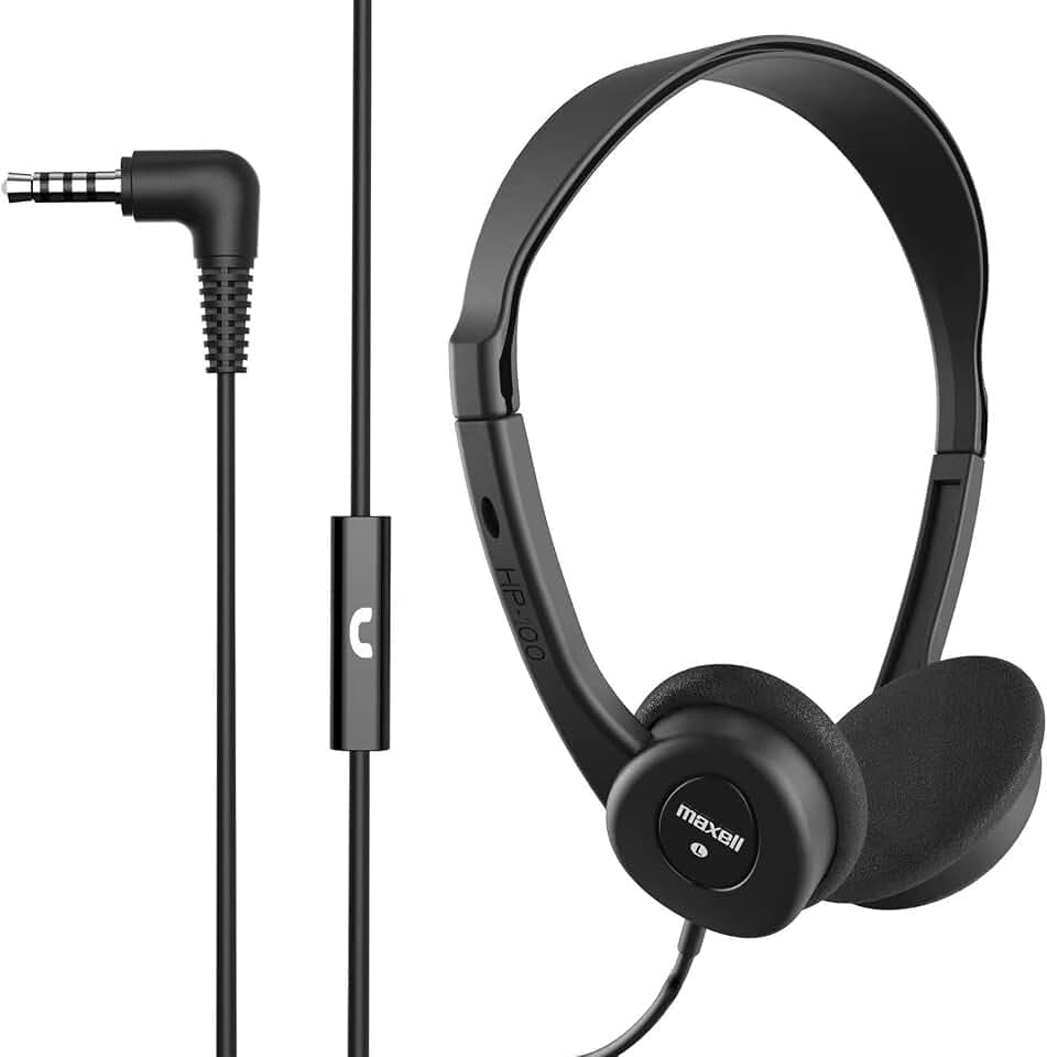 Maxell Wired Headphones with Mic, Adjustable Headband, 6ft Cord
