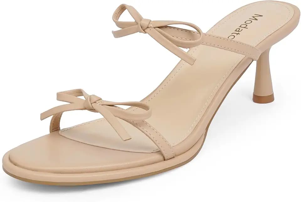 Modatope Two Strap Heeled Sandals for Women Kitten Heel Rounded Toe Heels Women Slip on Open Toe Sandals