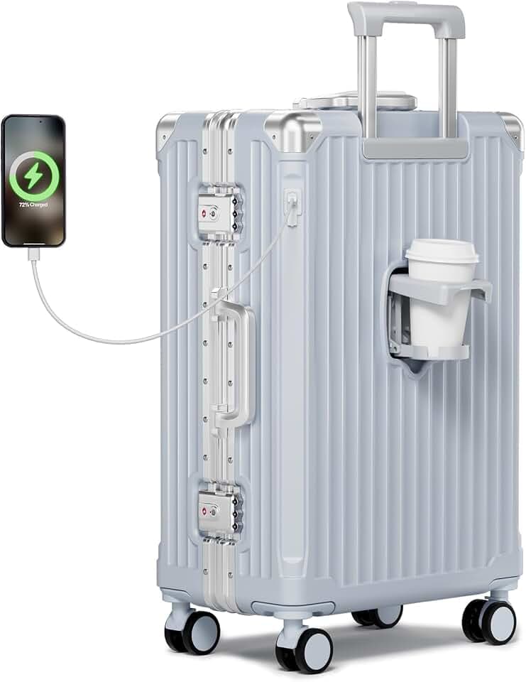 Krute No Zipper Carry On Luggage 20in Suitcase with Cup Holder and Charger