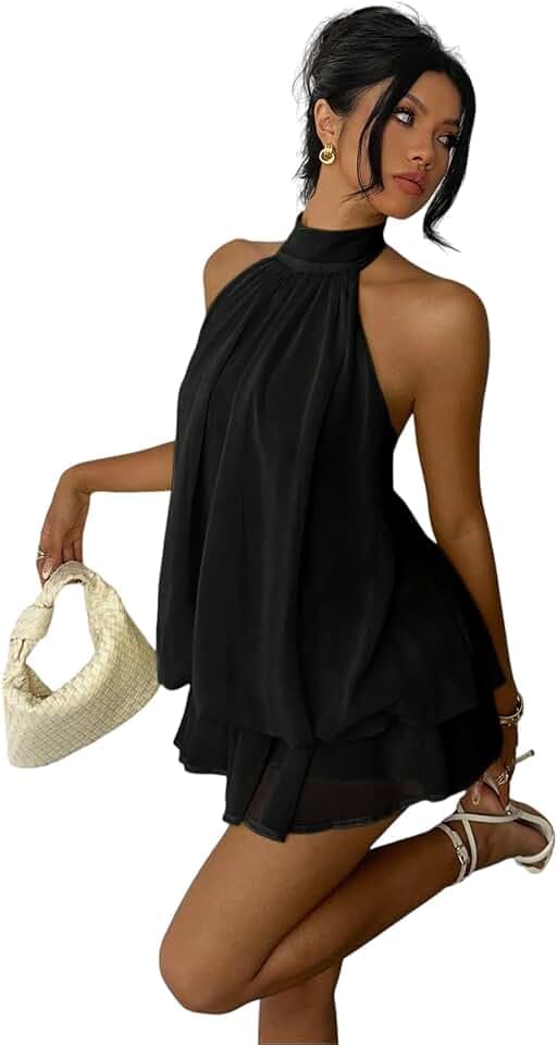 Women's Mini Backless Halter Flowy Summer Dress Ruffle Sleeveless Short Sundess A Line Cute Dresses for Womens