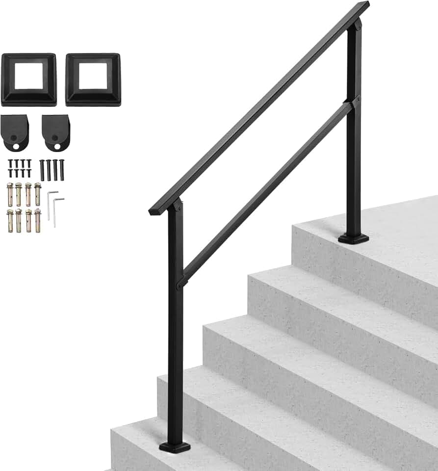 VEVOR Handlauf 138 cm, Treppengeländer-Set für 4–5 Stufen, schwarzes Vierkantrohr mit horizontaler Stange, Stützgeländer aus Karbonstahl für Senioren, Beton- & Decktreppen