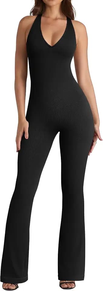 OQQ Jumpsuits for Women Halterneck Lace-Trim Flared Jumpsuits
