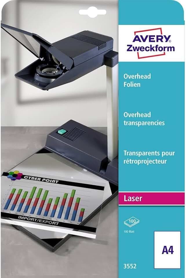 AVERY Zweckform 3552 Overhead-Folien für S/W Laserdrucker und -Kopierer (100 Transparentfolien, A4, spezialbeschichtet, stapelverarbeitbar, Folienstärke 0,10 mm, lösemittelfrei)