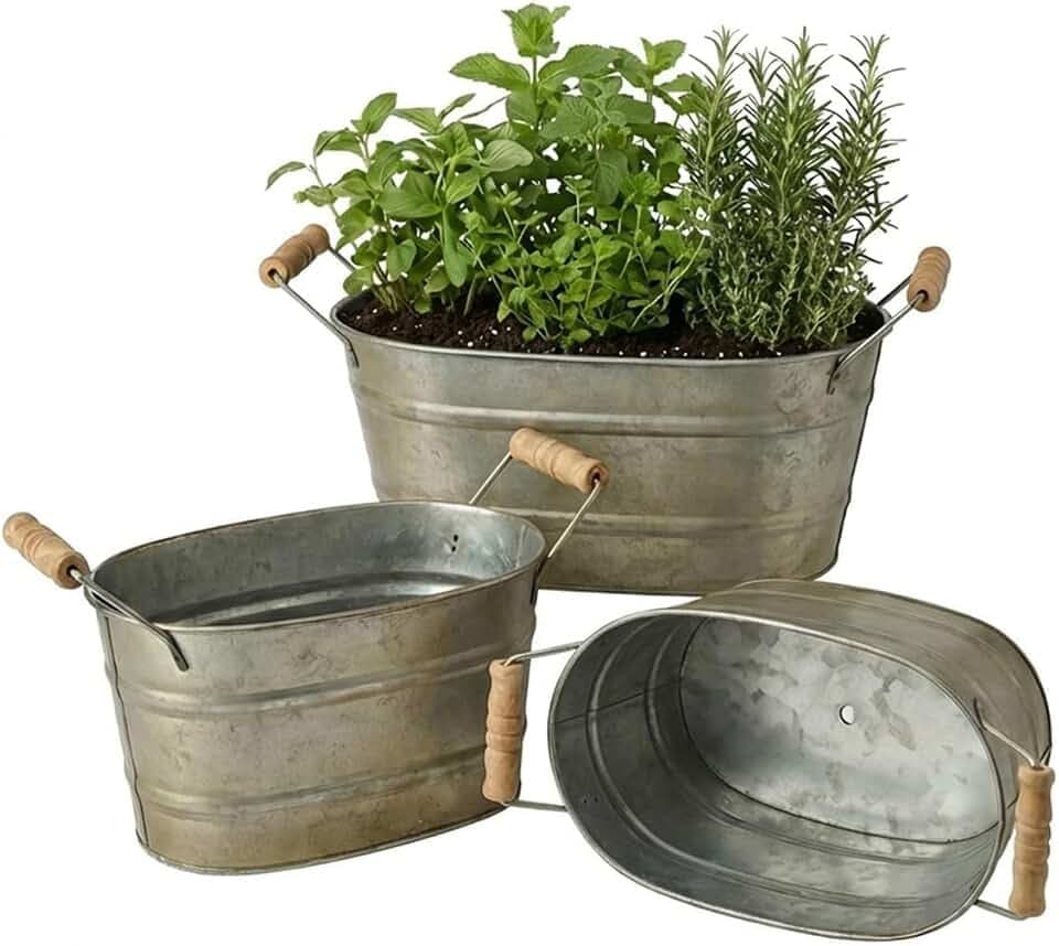vensovo Set of 3 Oval Planter Buckets with Handles, Antique Galvanized Gold