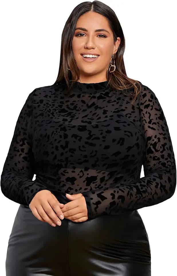 Floerns WomenPlus Size Leopard Mock Neck Mesh Long Sleeve Tee Shirt Tops