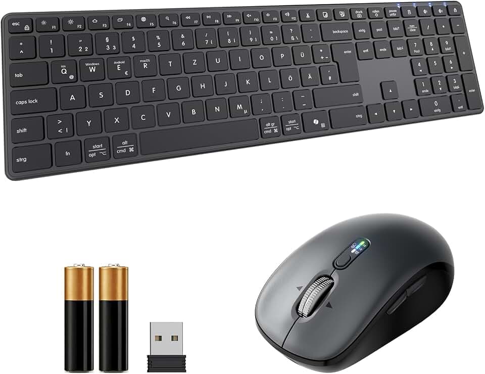 kabellose Bluetooth Tastatur- und Maus Kombination, Ultradünne und leise, mit 2,4-GHz-Funk und dualer Bluetooth-Verbindung, kompatibel mit Mehreren Geräten, in voller Größe, für Windows/PC/Laptops