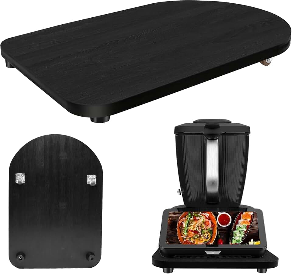 Holz Gleitbrett für Thermomix TM7 TM6 TM5, Schiebebrett mit 360° Rollen & Stopper, Müheloses Verschieben der Küchenmaschine, Rutschfeste Gummifüße für Sicheren Stand, Hochwertiges TM7 Zubehör, Schwarz