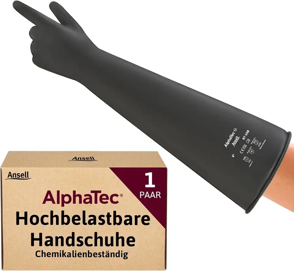 Ansell AlphaTec 87-108 Chemikalienschutz-Handschuhe aus Latex, Wiederverwendbare Chemie-Handschuhe für Industrie, Lebensmittel Geeignet, Gummi Arbeitshandschuhe, Schwarz, Größe S (1 Paar)