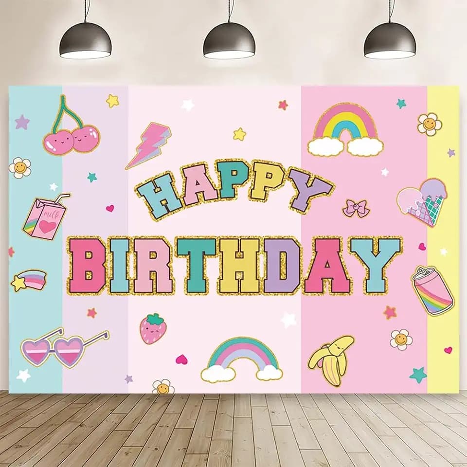 MEHOFOND 7x5ft Preppy Happy Birthday Backdrop Patch Birthday Party Photography Background Rainbow Let's Party Sweet Girls Birthday Decor Smile Face Preppy Birthday Party Banner Cake Smash Photo Props