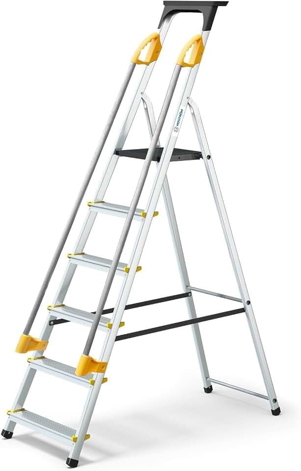 HOSTRÖM Trittleiter 6 Stufen, sichere Trittleiter, mit Rampen, Werkzeugablage, klappbar, Aluminium, Plattformhöhe 119 cm, 5 Jahre Garantie