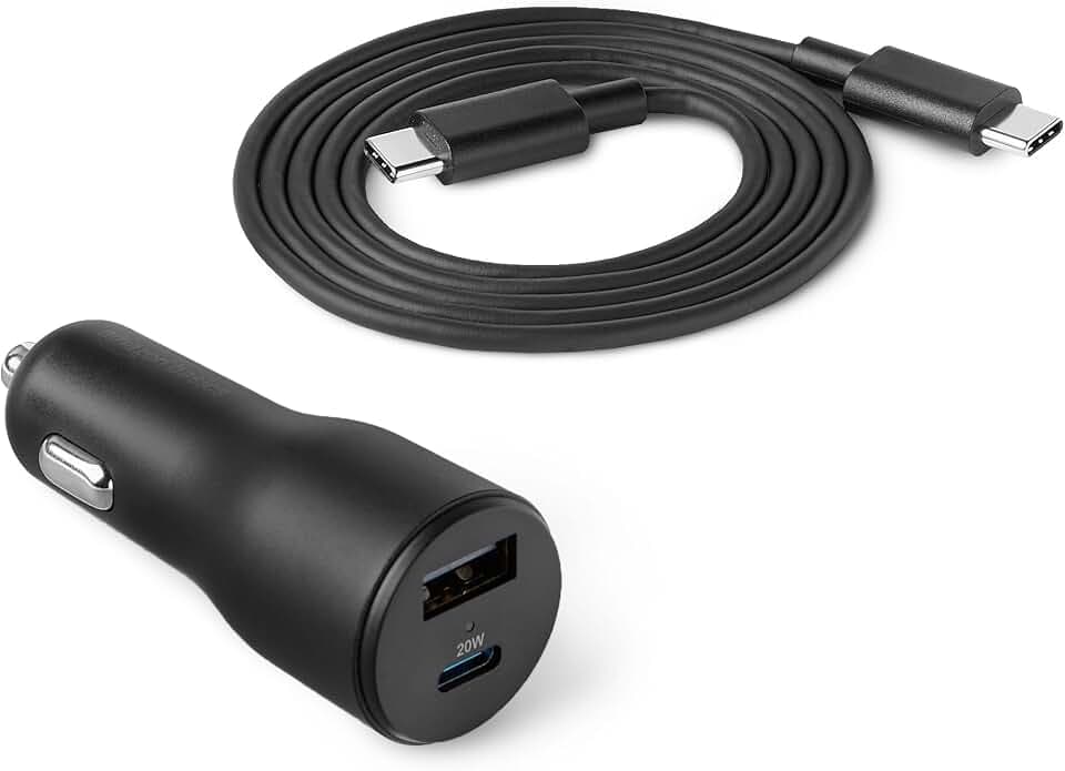 Amazon Basics USB-C Car Charger, 32W Fast Charging Automobile Cell Phone Adapter, Dual-Port (20W USB-C + 12W USB-A) with 3-Ft Cable, Compatible with iPhone, Samsung, iPad & MacBook Air, Black