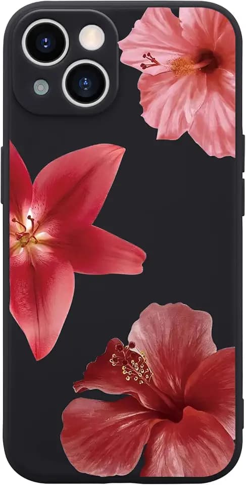 Red Lily Hibiscus Flower Phone Case Cover for iPhone 14 Red Lily Hibiscus Case Cover Liquid Silicone Soft Gel Rubber Matt Phone Cover with Microfiber Lining