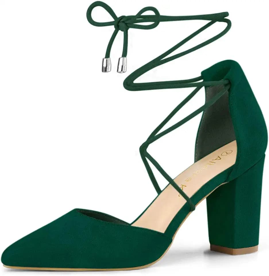 Allegra K Women Faux Suede Pointed Toe Chunky Heels Lace Up Sandals Pumps