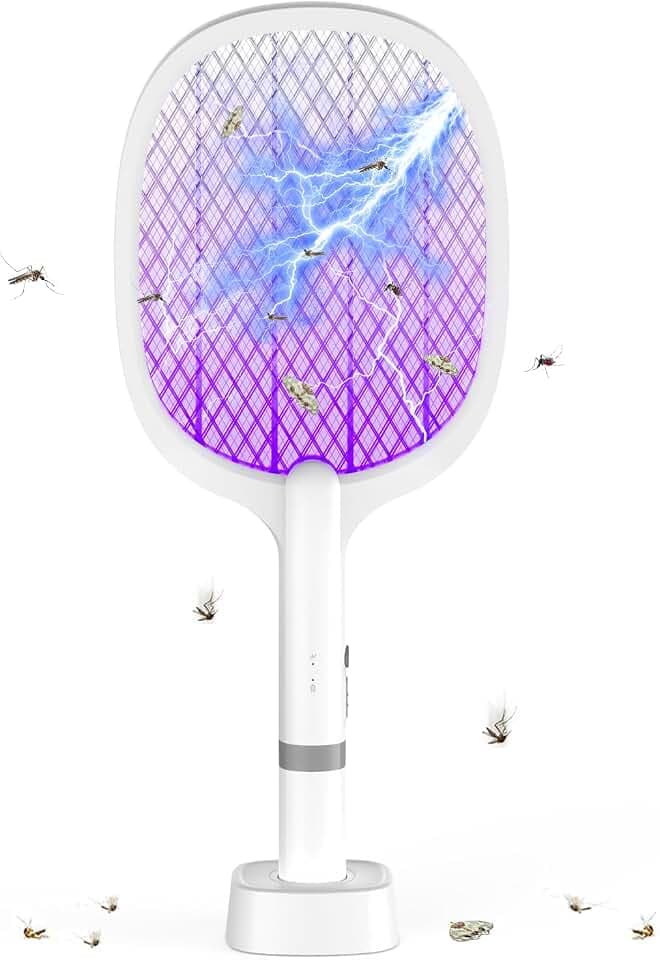Elektrische Fliegenklatsche 5000V Extra Stark, Fliegenklatsche Elektrisch Aufladbar, 2 in 1 Mückenklatsche Elektrisch mit UV-Lichtfalle & USB-C Ladestation, Gegen Mücken Fliegen Motten Wespen(1 Stück)