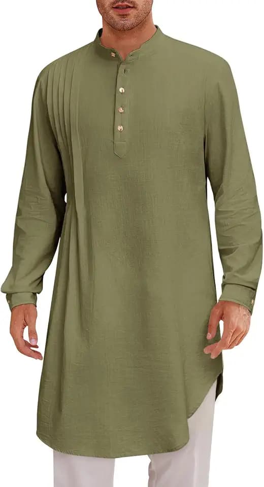 Runcati Mens Kaftan Thobe Cotton Linen Henley Shirt Long Sleeve Robe Casual Muslim Gown Kurta