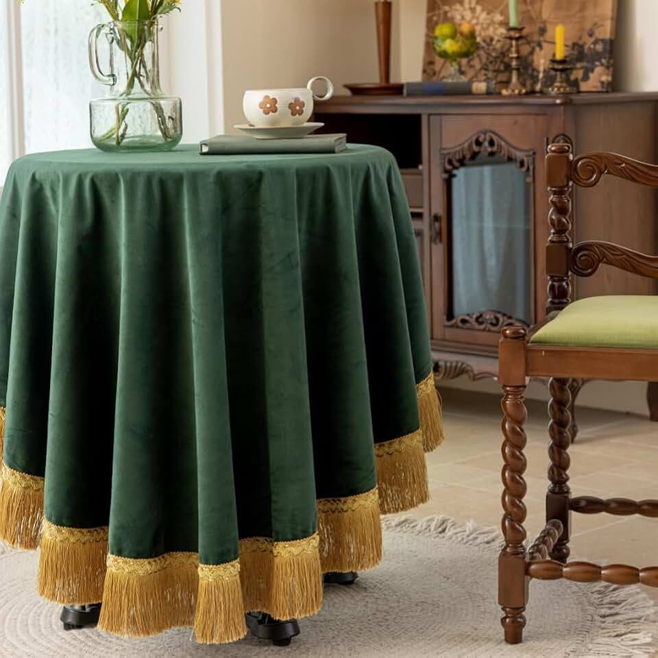 F-CHU 60 Inch Round Luxury Dark Green Velvet Tablecloth, Premium Heavy‑Thick Table Cover with Gold Tassel Fringe, Elegant Decor for Christmas, Home Dining, Banquet & Halloween Holiday Party