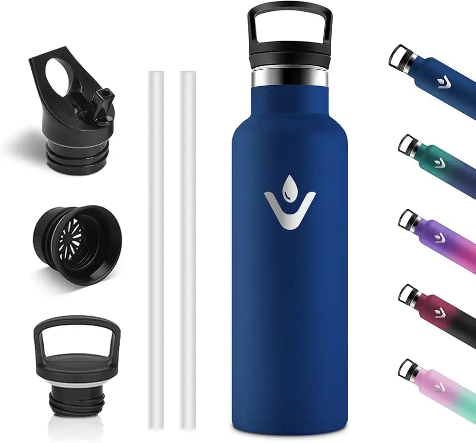 Vikastar Edelstahl Trinkflasche, Thermosflasche 500 ml, BPA-frei Trinkflasche, Thermosflasche mit Strohhalm, Trinkflaschee für Schule, Sport, Fahrrad, Camping, Dunkelblau