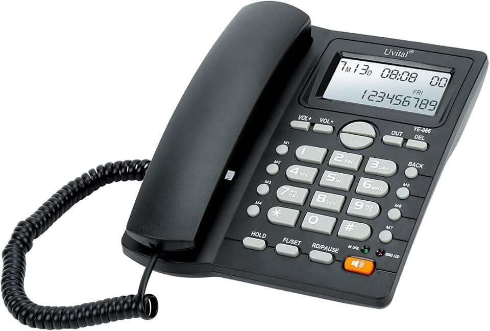 Desktop Corded Telephone, Hands-Free Calling, LCD Display, DTMF/FSK Dual System, Wired Landline Phone for Home/Hotel/Office, Adjustable Volume, Real Time Date&Week Display, Adjustable LCD Brightness