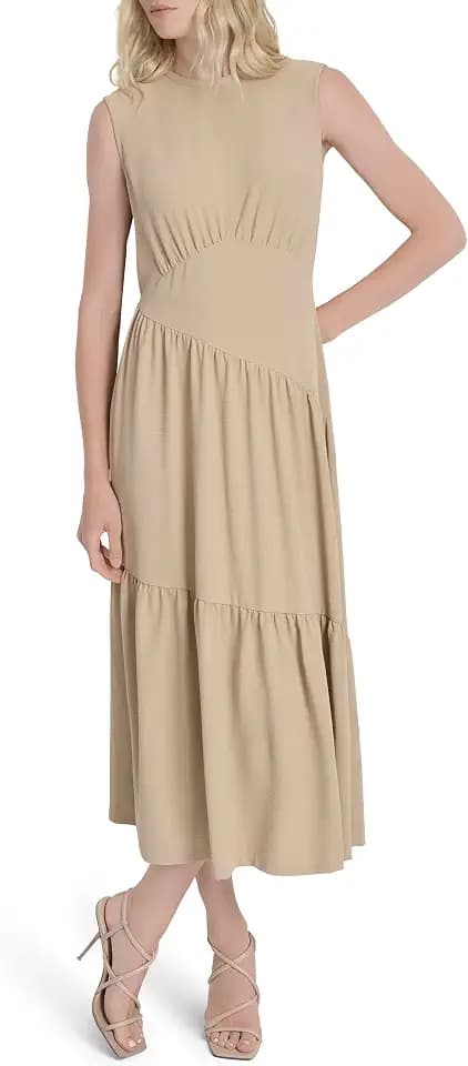 DKNY Women's Sleeveless Jewel Neck Asymmetrical Seams Midi Dress