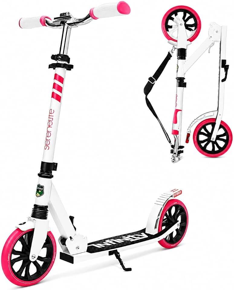 SereneLife Cityroller- Große Räder, Klappbar, Höhenverstellbar, bis 100kg | Scooter mit Trittbremse und Ständer, Roller Aluminium für Alltag, Freizeit und Stadtverkehr, für Kinder und Erwachsene