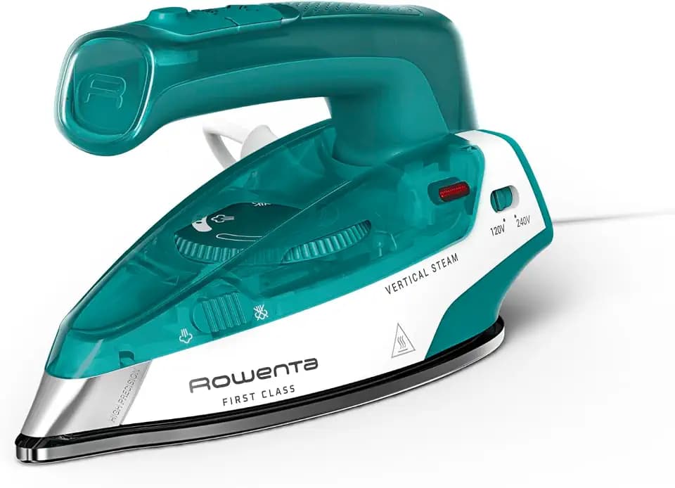Rowenta First Class Reise-Dampfbügeleisen, klappbares Reiseformat, 45 g/Min. extra Dampfstoß, kompakt, leicht, schnelles Aufheizen, Vertikaldampf, 1000 Watt, Weiß/Petrol, DA1610E0