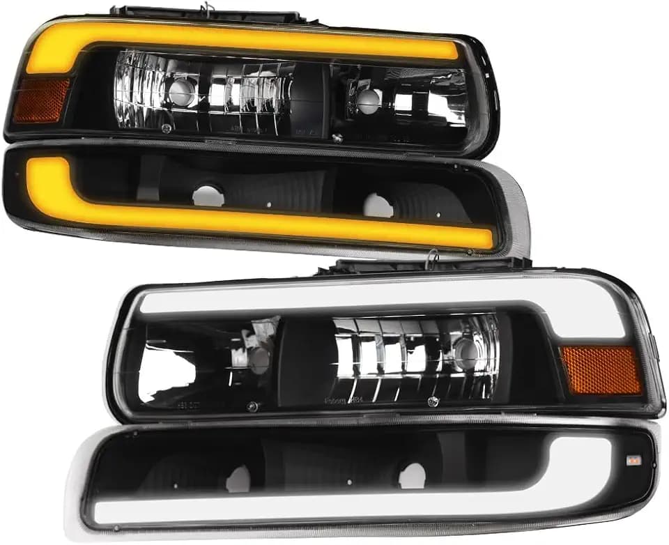 Alpha Owls Crystal Headlights With Signal Bumper Lights & Switchback Sequential LED Light Bar 4-Pieces|Compatible With 1999-2002 Chevy Silverado / 2000-2006 Suburban Tahoe|8739778|Black Amber