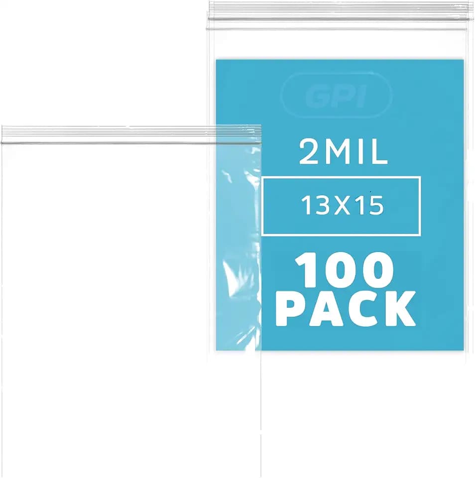 GPI - 2 Gallon Zip Bags, 13" x 15" Large Reclosable Lock Zip Bags, Clear Plastic Zipper Storage Bags with Zip Top Lock for Freezer, Clothing, Food, Documents & Supplies - 100 Count