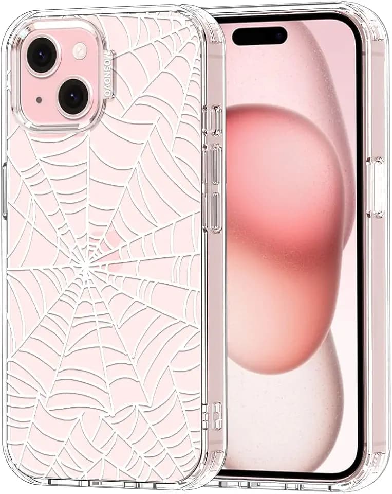 MOSNOVO Hülle für iPhone 15 Plus/iPhone 14 Plus, [2 m Militärschutz] [Anti-Abblätter-Technologie] Transparente stoßfest TPU Stoßfänger Handyhülle mit Design - Spinnennetz