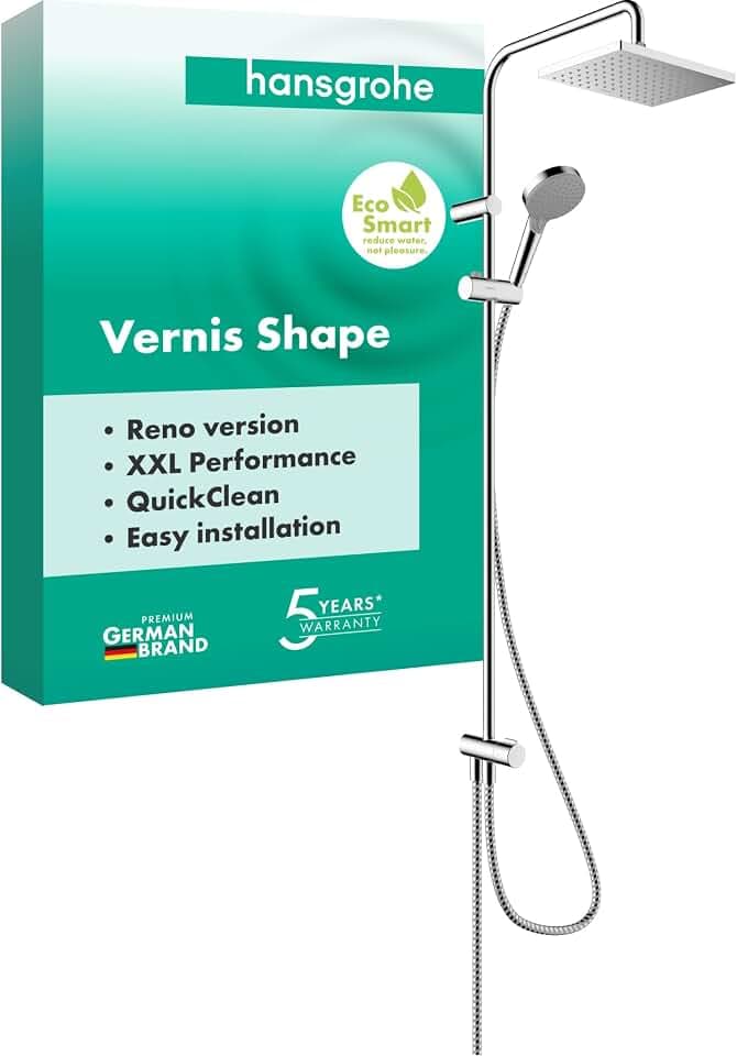 hansgrohe wassersparendes Duschsystem Vernis Shape Reno, Brausekopf 230 x 170 mm, Duschset mit Umsteller, Duschkopf, Schlauch, Stange, Regendusche mit 1 Strahlart, geeignet zur Renovierung, Chrom