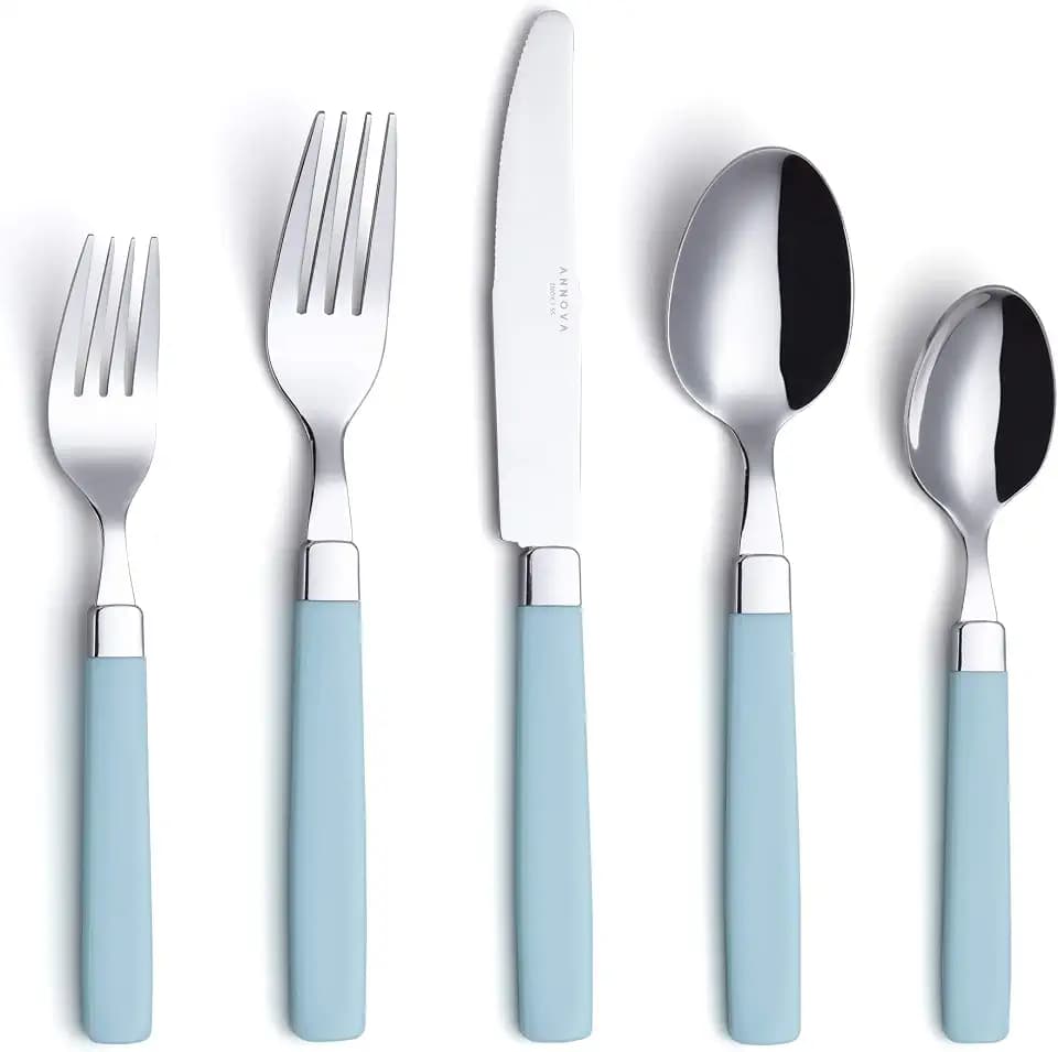 Annova 20-teiliges Edelstahl-Besteck-Set – farbige Griffe – 4 x Menuegabeln, 4 x Salatgabeln, 4 x Menümesser, 4 x Esslöffel, 4 x Teelöffel – Service für 4 (Türkis, 20 Stück)