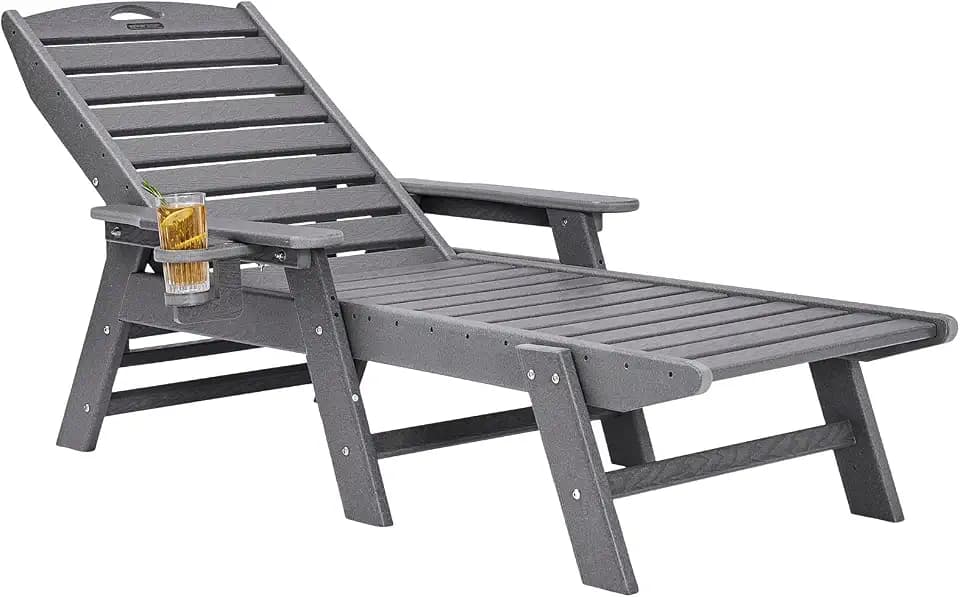 VEVOR Sonnenliege, 181 kg Tragkraft, HDPE Gartenliege, Strandliege mit 6-Fach Verstellbarer Rückenlehne, Armlehne, Getränkehalter, Balkonliege, Terrassenliege für Pool, Terrasse, Patio, Rasen, Grau