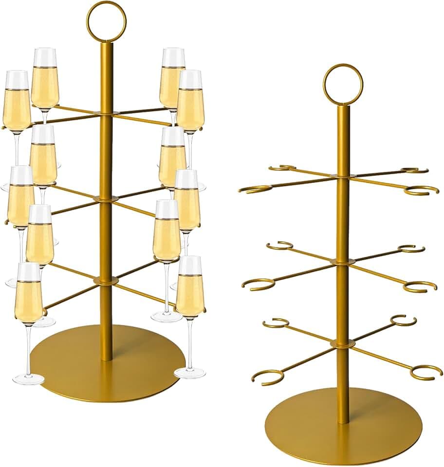 Champagne Tower Champagne Stand, Cocktail Tree Stand for Drinks Tower, 3 Tier 12 Brackets Metal Wine Glass Display Holder, Party Bar Wedding Champagne Tree Stand for Martini Margarita Gin Wine, 1 Pack