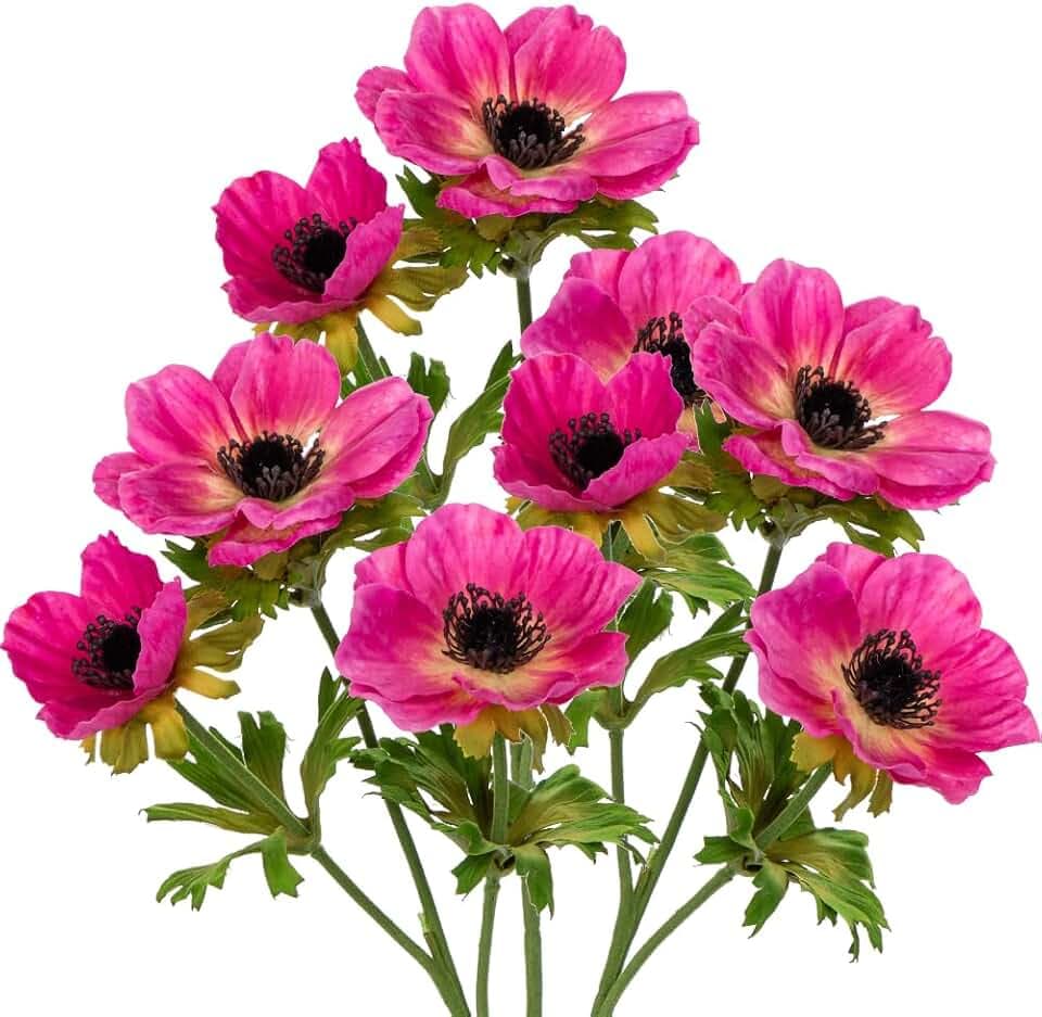 Hot Pink Anemone Flowers Artificial 21.7" Faux Flowers Silk Flowers with Stems Realistic Fake Flowers for Decoration Faux Anemone Artificial Flowers Bulk for Vase Centerpieces Home Wedding Bouquet