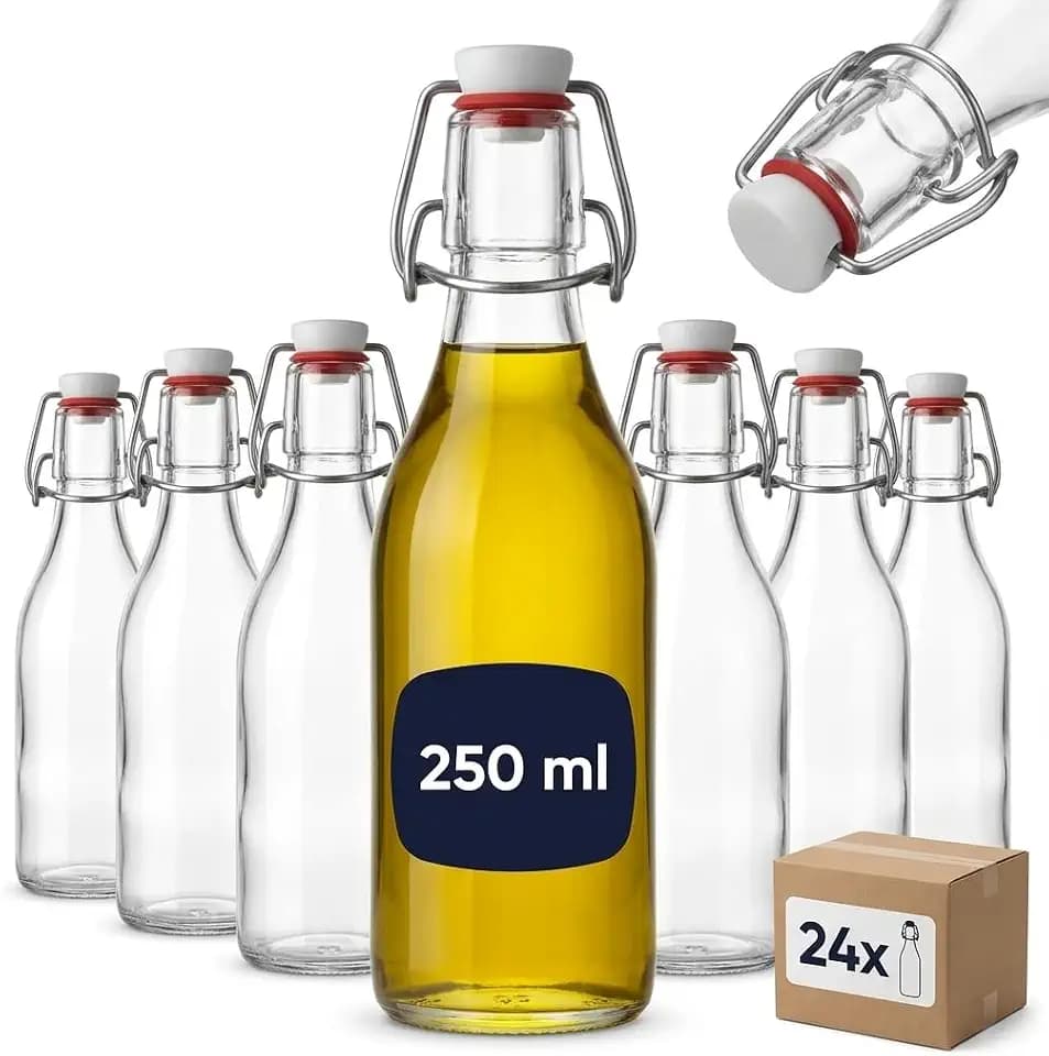 gouveo 24er Set Glasflaschen 250 ml (0,25 l) rund mit Bügelverschluss – Leere Flaschen zum Befüllen für Saft, Sirup, Öl, Essig, Likör und Dressings, aus klarem Glas (BFR250)