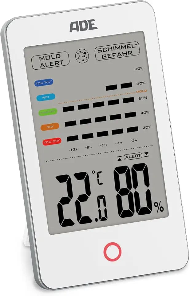ADE Digitales Hygrometer innen mit Schimmelalarm | Feuchtigkeitsmessgerät mit Thermometer | Temperatur und Luftfeuchtigkeitsmesser | großes LCD-Display | weiß