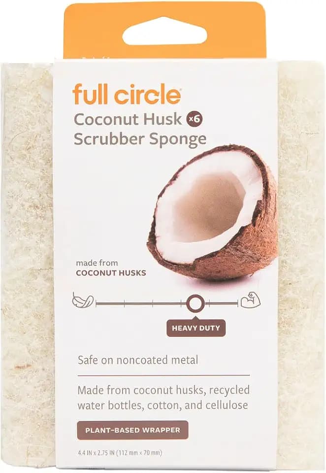 Full Circle Coconut Scrubber Sponges, Pack of 6 – Dual-Sided, Plant-Based Sponges Made with Coconut Shells, Cellulose & Recycled Materials, Safe for Nonstick Cookware