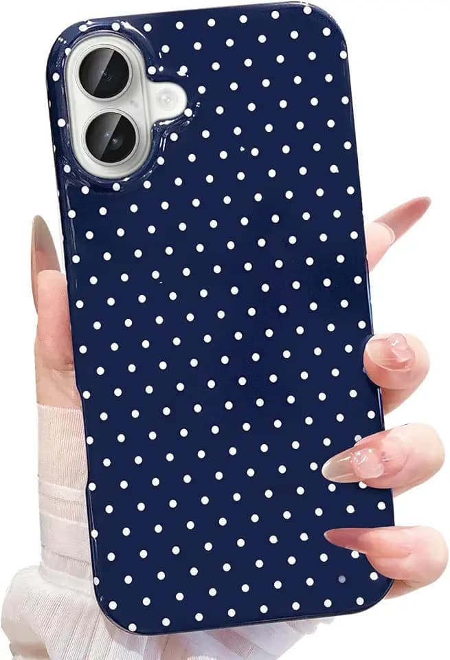 for iPhone 16 Case Polka Dot Phone Cases Aesthetic Design Trendy Simple Case Slim Shockproof Protective Cover Navy Blue