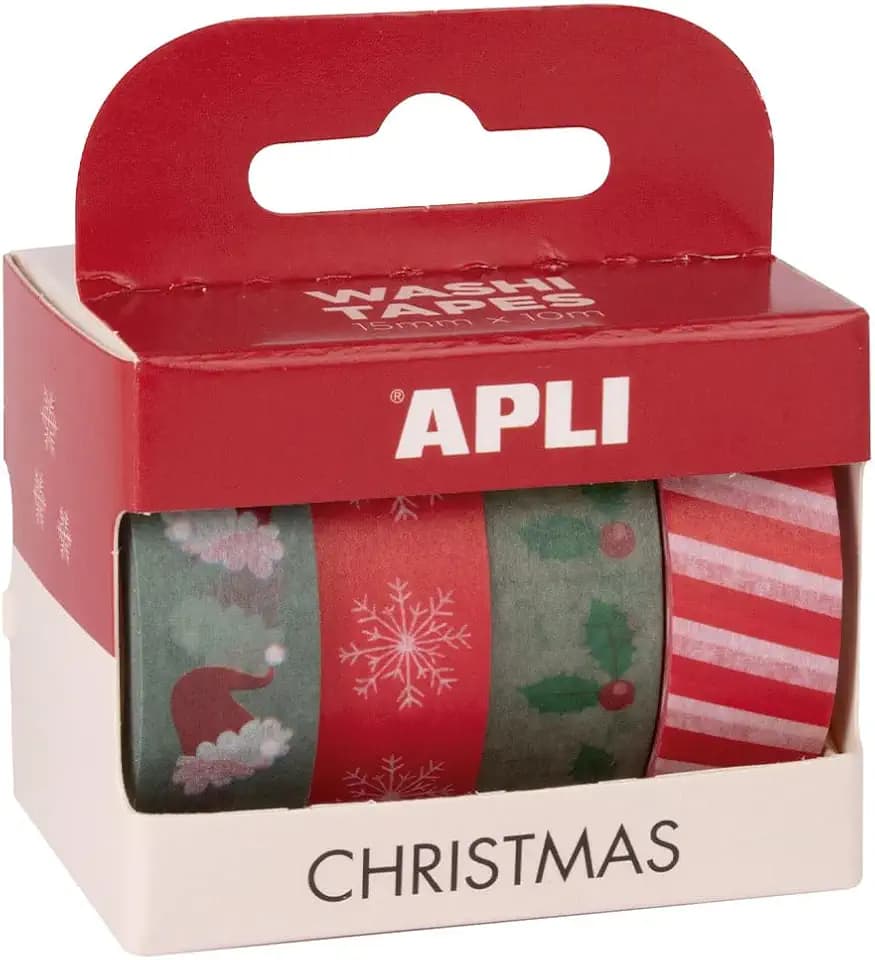 APLI 19838 Deko-Klebeband, Washi Tape, Weihnachtsmuster und Farben, 4 Rollen, 15 mm x 10 m