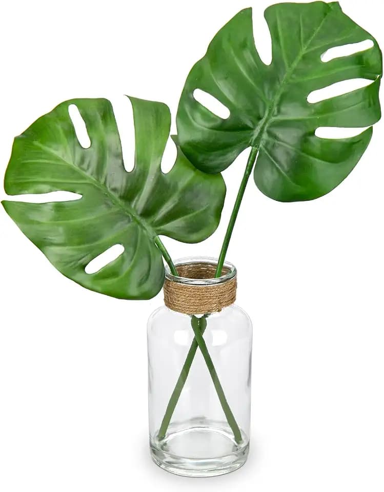GnFlus Artificial Plant in Glass Vase with Faux Water, Fake Monstera Plant Real Touch Faux Plants Tropical Leaves Fake Greenery Stems for Home Office Farmhouse Wedding Centerpiece Décor