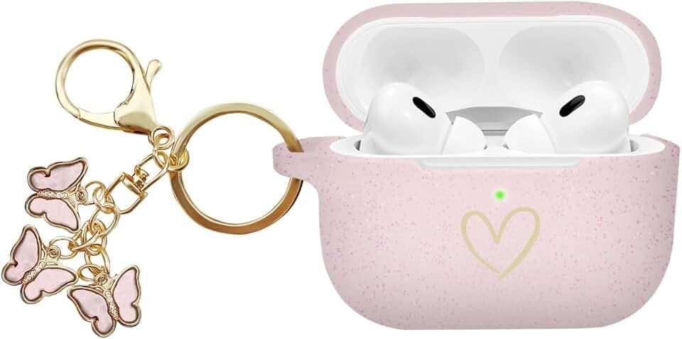 Kompatibel mit AirPods Pro 2 Hülle Cover 2022, weiche Silikonhülle mit goldenem Herzmuster für AirPods Pro 2./1. Generation Hülle mit süßem Schmetterlings-Schlüsselanhänger (Glitzer Rosa)