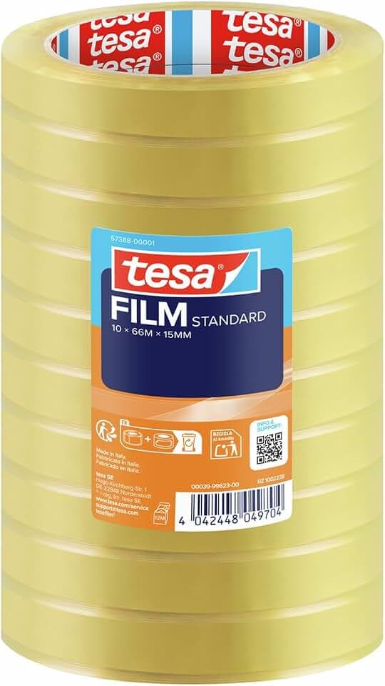 tesa tesafilm Standard Klebeband - transparent - 66 m x 15 mm - 10 Stück | 10 Rollen vielseitiger Klebefilm - für Zuhause, Schule und Büro - klebestarke und alterungsbeständige Klebefilmrollen