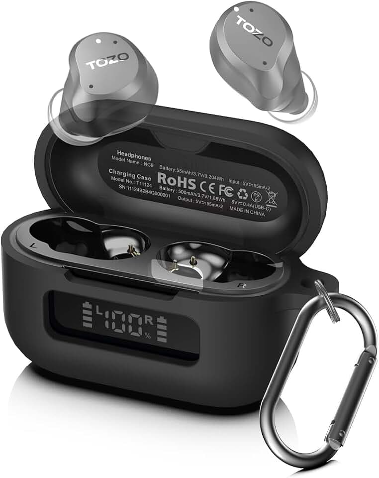 for TOZ0 NC9(2024) Case Cover, Silicone Protective Battery Display Visible Design Cover ONLY for TOZO NC9 Hybrid Active Noise Cancelling Wireless Earbuds 2024 Version with Carabiner-Black