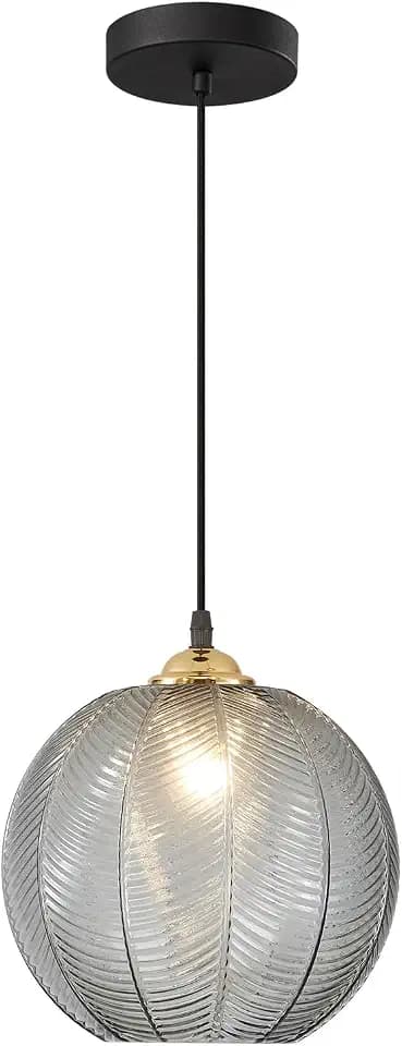 KCO Mid Century 7.9” Smoke Gray Ribbed Striped Glass Pendant Light Fixture