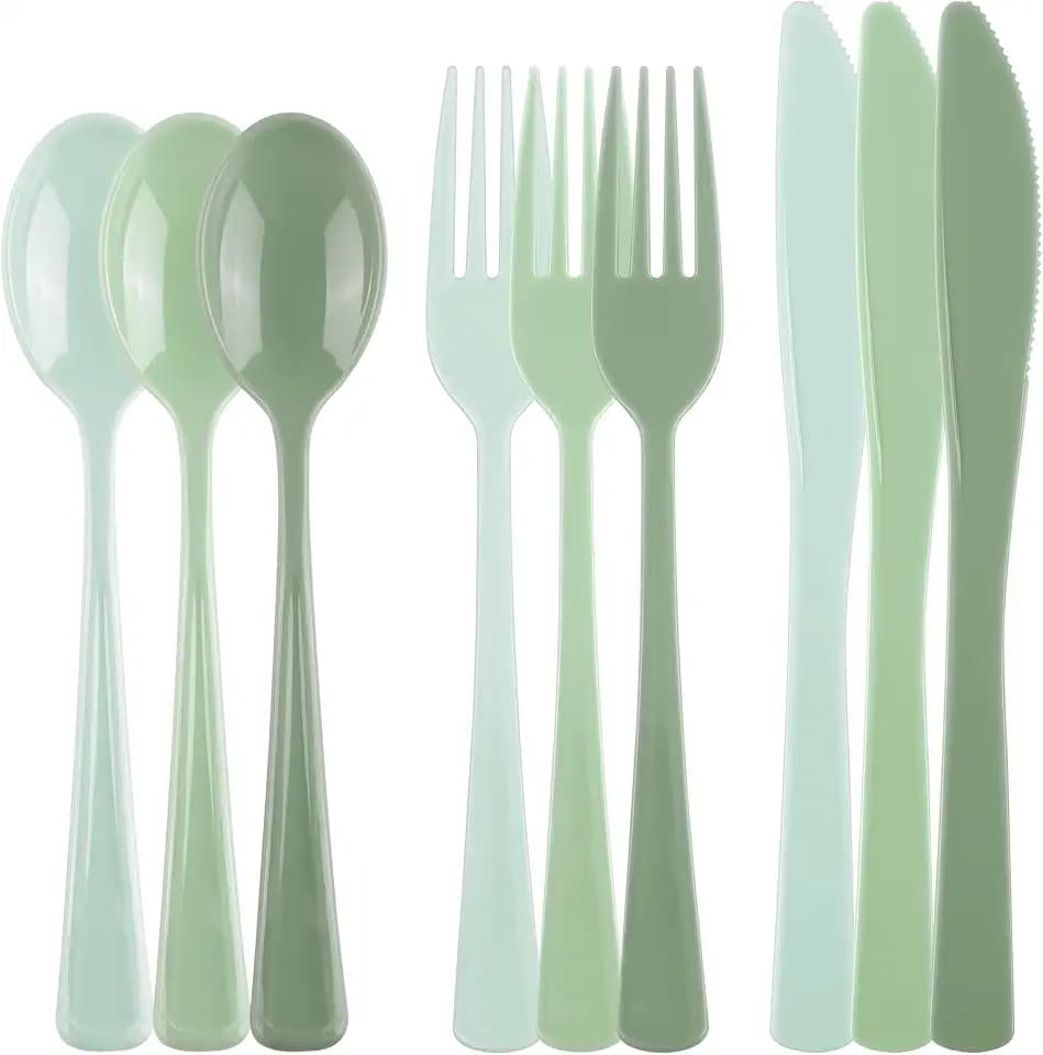 Kochorie 300 Pieces Sage Green Plastic Silverware with Spoons Forks Knives