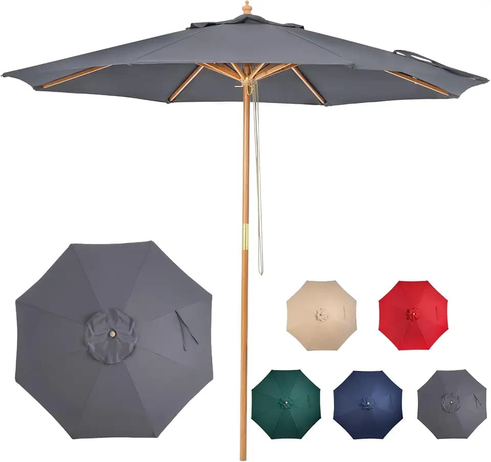 9ft Bamboo Umbrella, Outdoor Patio Umbrella, Waterproof Market Umbrella, 8 Ribs Table Umbrella with Pulley Lift for Garden, Deck, Pool, lawn, Backyard