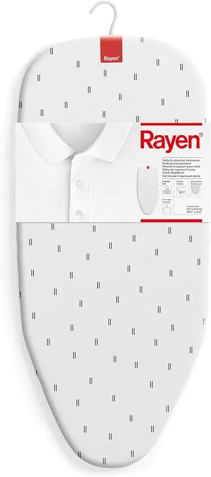 Rayen | Tischbügelbrett | Kompaktes Klappdesign | Mit Metallgitter | Aufhängbar | Bedruckt | Maße: 73,5 x 31,5 cm